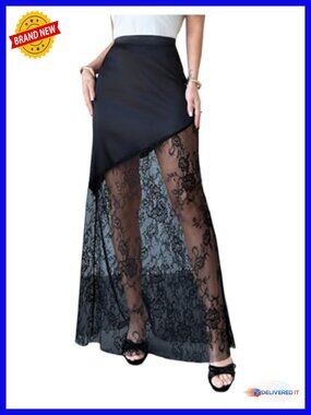 Satin Lace Maxi Skirt Y2K High Waisted Sheer Long Party Skirt